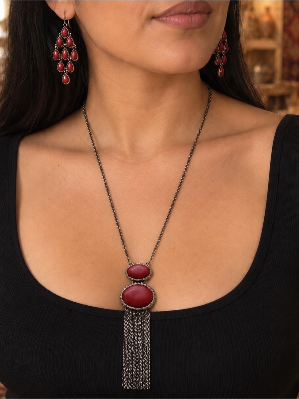 Red Cabochon Fringe Necklace with Matching Earrings - Women Jewelry